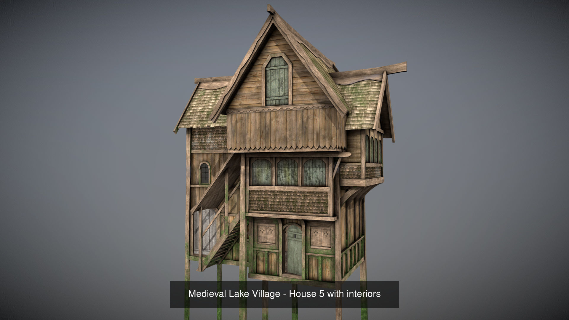 Medieval lake village - 20 houses pack with interiors 3D Model Collection_8