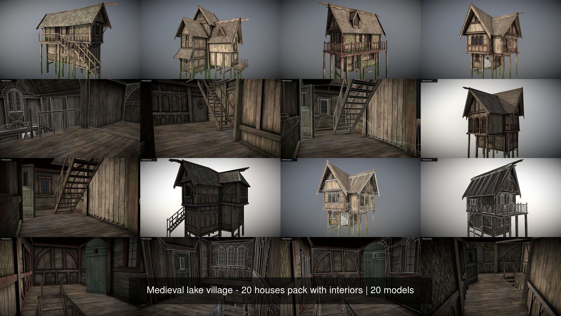 Medieval lake village - 20 houses pack with interiors 3D Model Collection_2