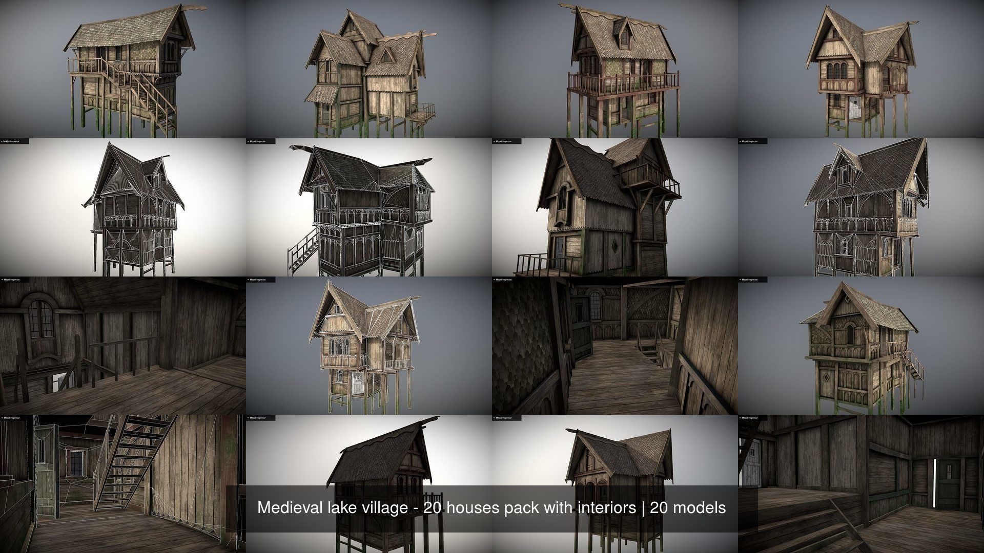 Medieval lake village - 20 houses pack with interiors 3D Model Collection_3