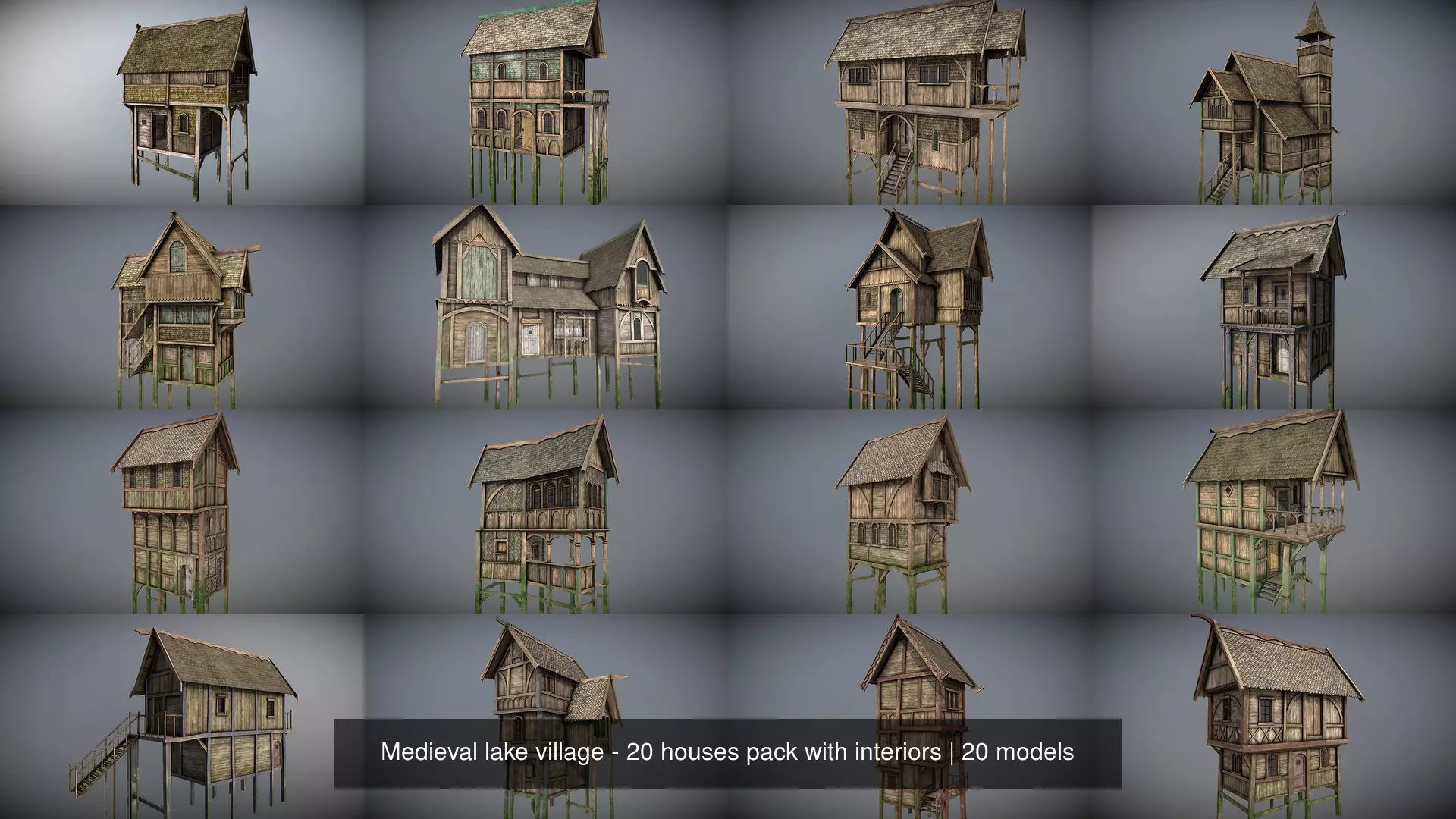 Medieval lake village - 20 houses pack with interiors 3D Model Collection_1