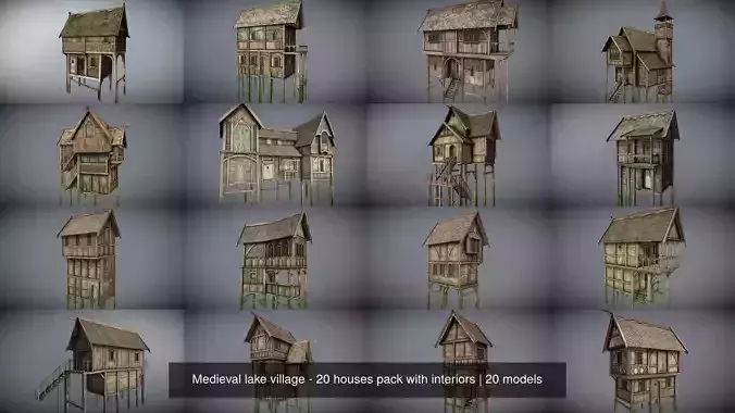 Medieval lake village - 20 houses pack with interiors 3D Model Collection