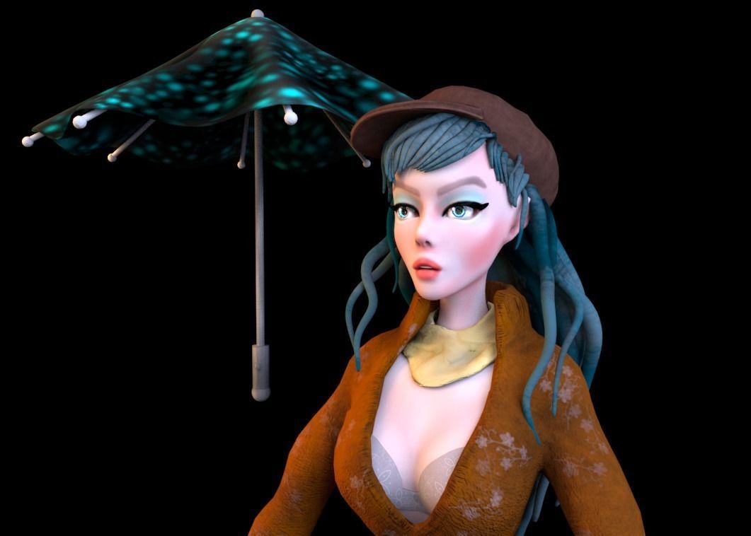 3D CHARACTER figurine of girl holding umbrella Low-poly 3D model_7