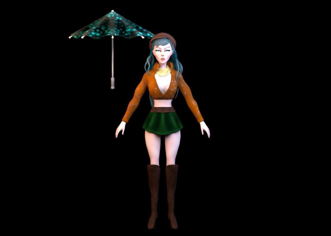 3D CHARACTER figurine of girl holding umbrella Low-poly 3D model_3