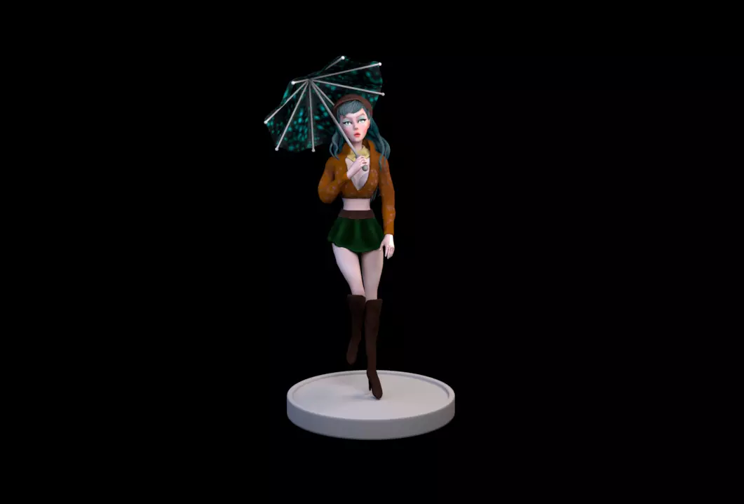 3D CHARACTER figurine of girl holding umbrella Low-poly 3D model_0