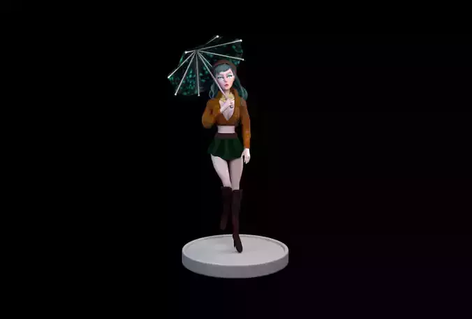3D CHARACTER figurine of girl holding umbrella Low-poly 3D model