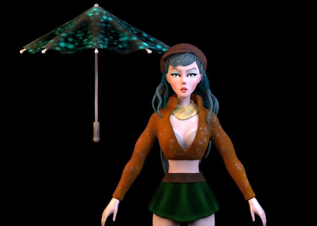 3D CHARACTER figurine of girl holding umbrella Low-poly 3D model_4