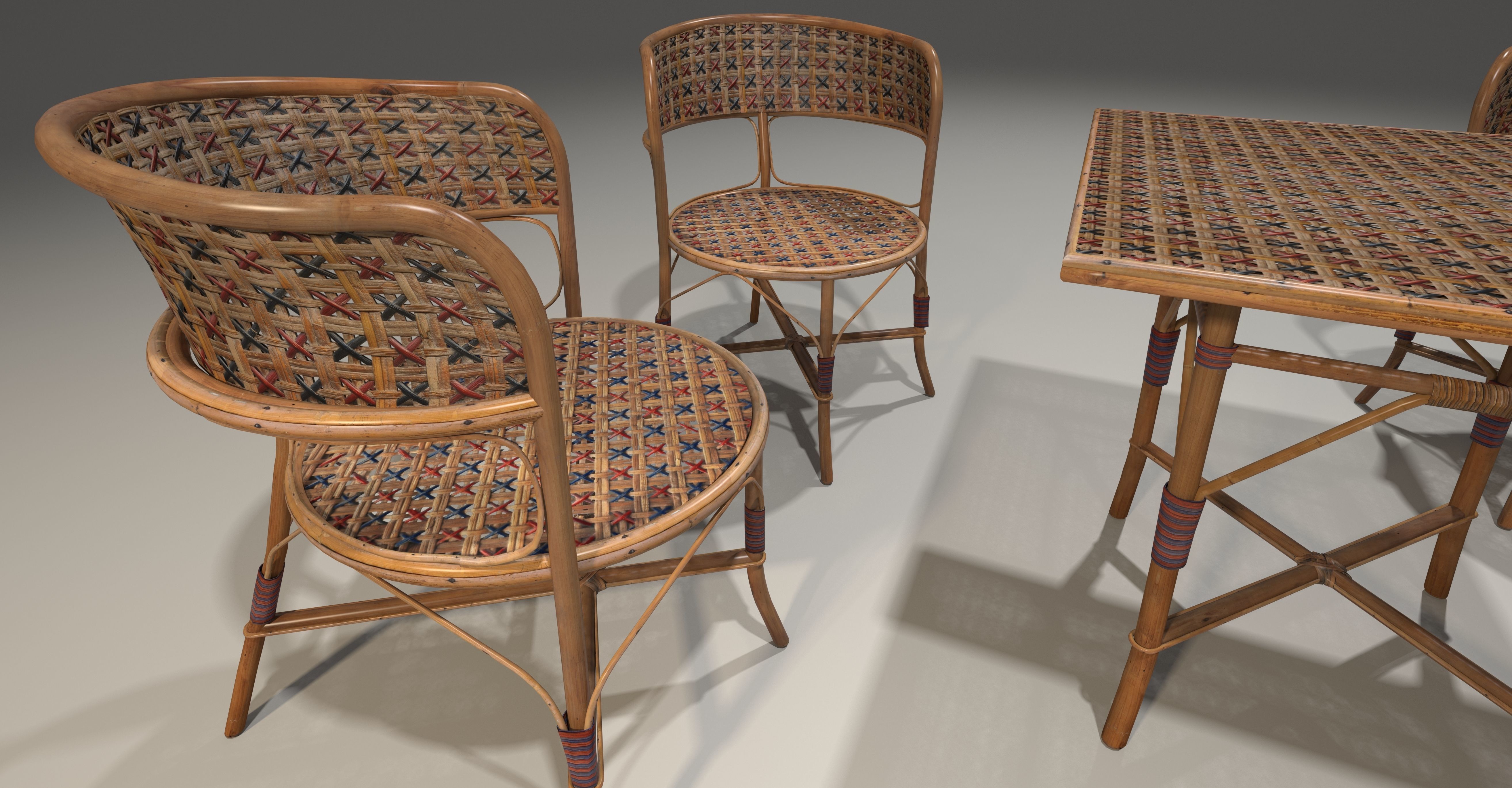 Rattan wicker wood chair and table  Low-poly 3D model_1