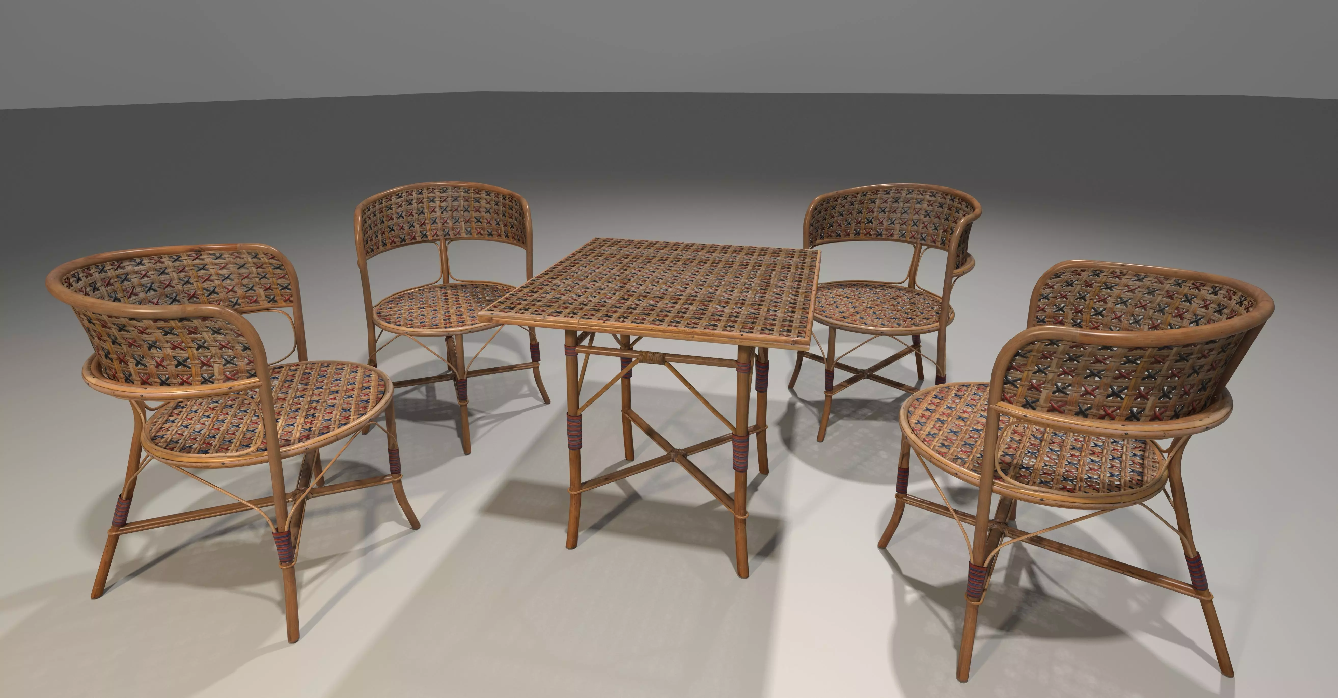Rattan wicker wood chair and table  Low-poly 3D model_0