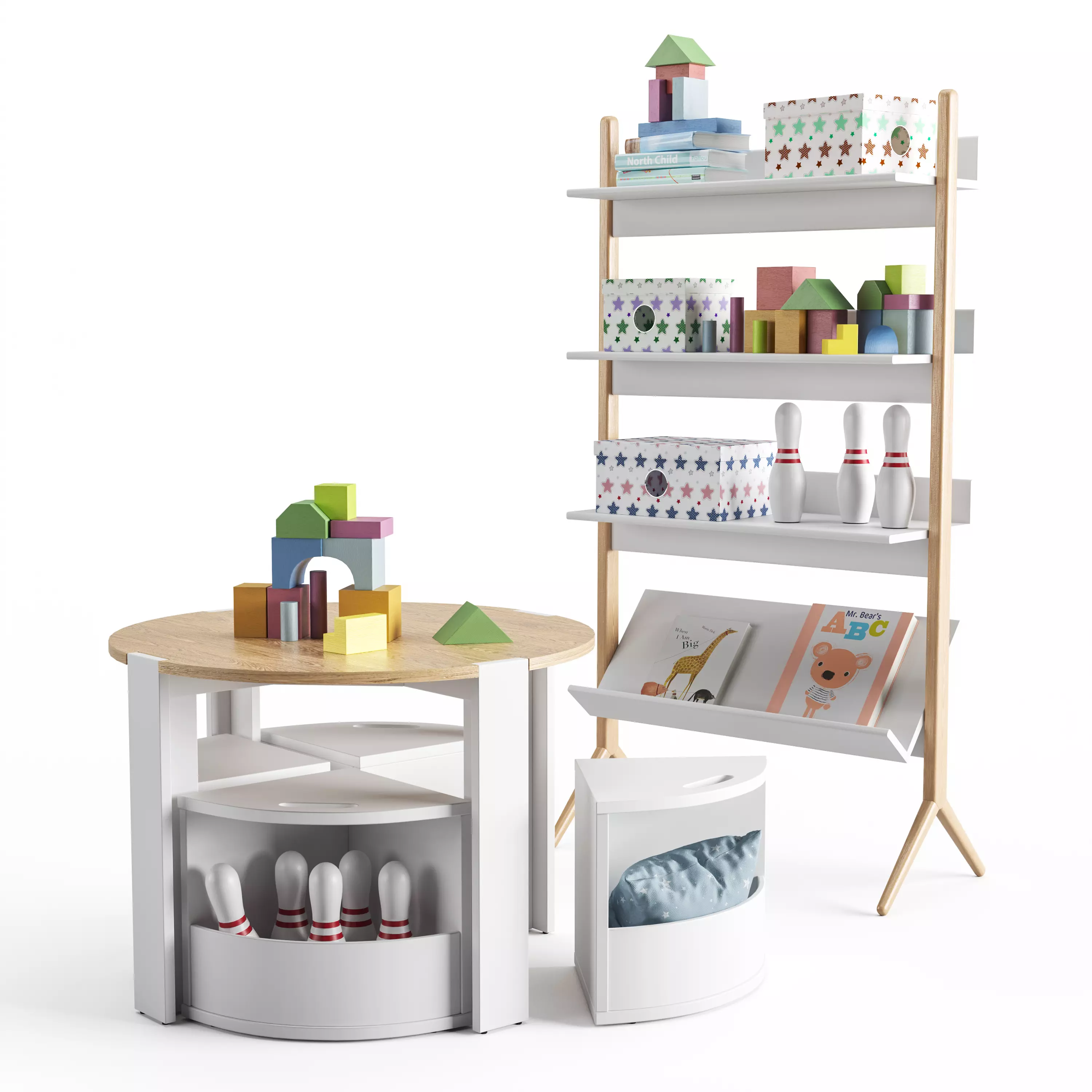 Set of childrens furniture decor and toys from crate and kids 3D model_0