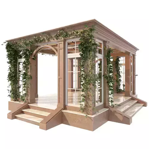 Gazebo wooden structure with windows and steps 3D model