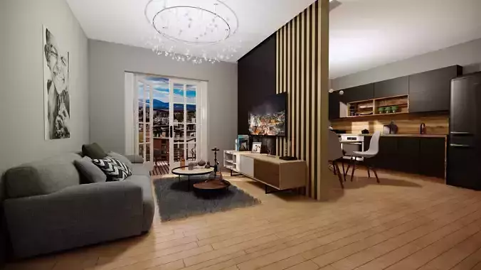 living room and kitchen 3d model Low-poly 3D model