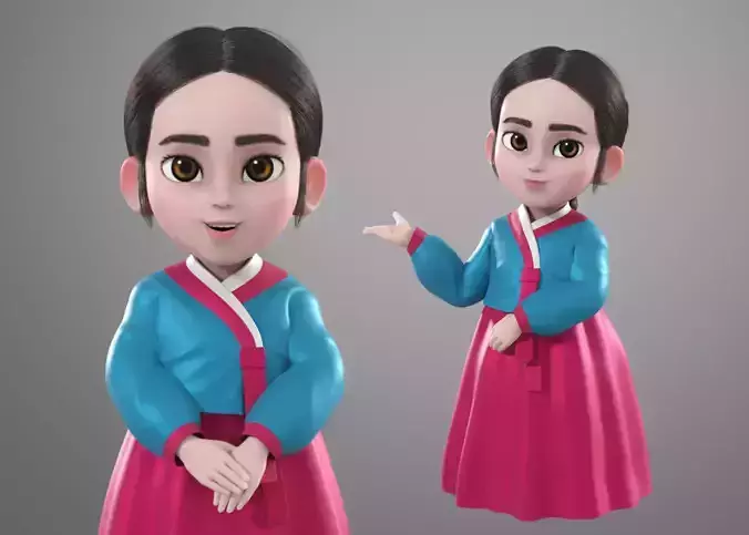 Cartoon Korean Hanbok Girl 3d Model Rigged
