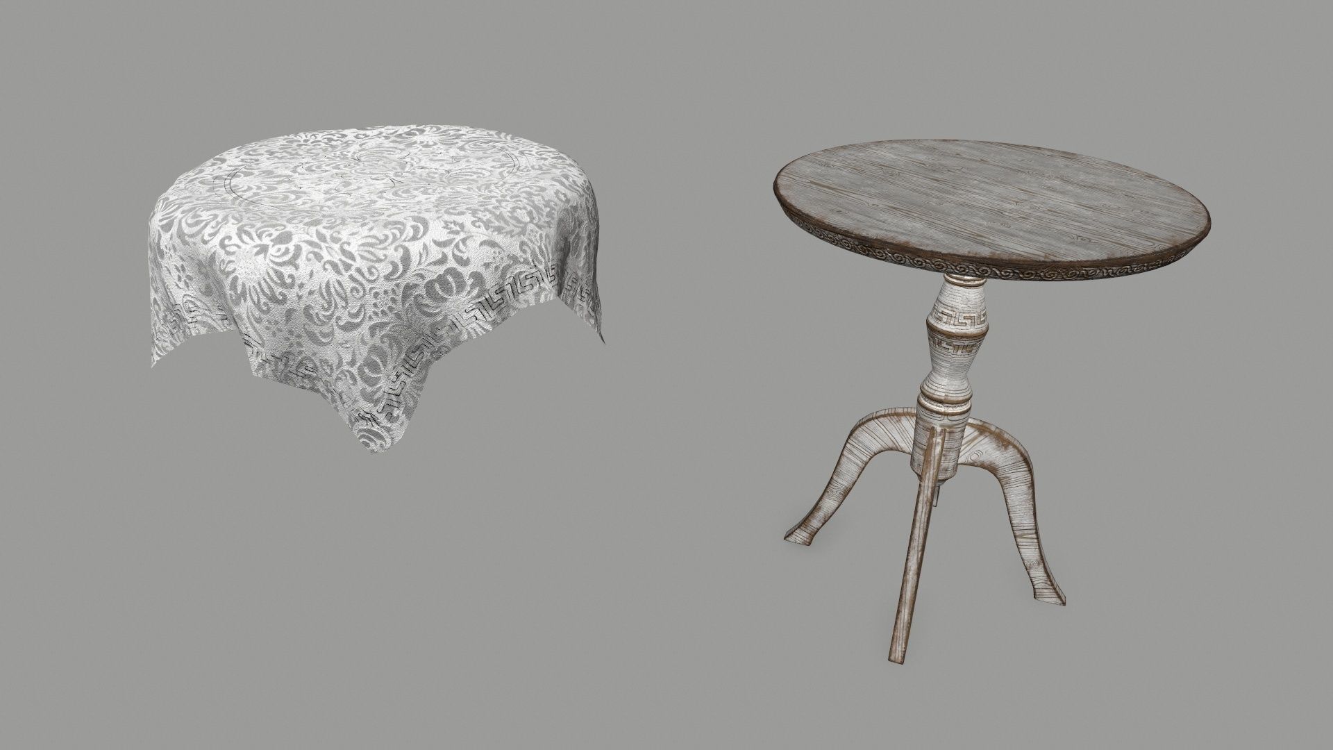 Table old wooden with round top Low-poly 3D model_2