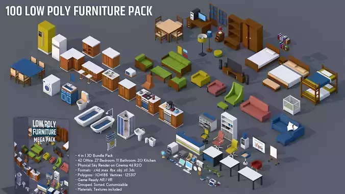 100 Low Poly Furniture Pack 4 in 1 Low-poly 3D model