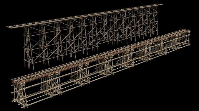 Two models 3D Wood trestle bridge and rail tracks Low-poly 3D model