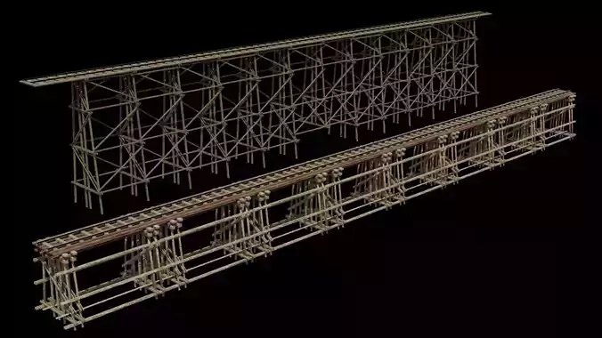 Two models 3D Wood trestle bridge and rail tracks Low-poly 3D model