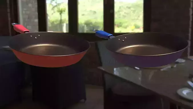 Red and Blue pan for the kitchen tools  high and low poly