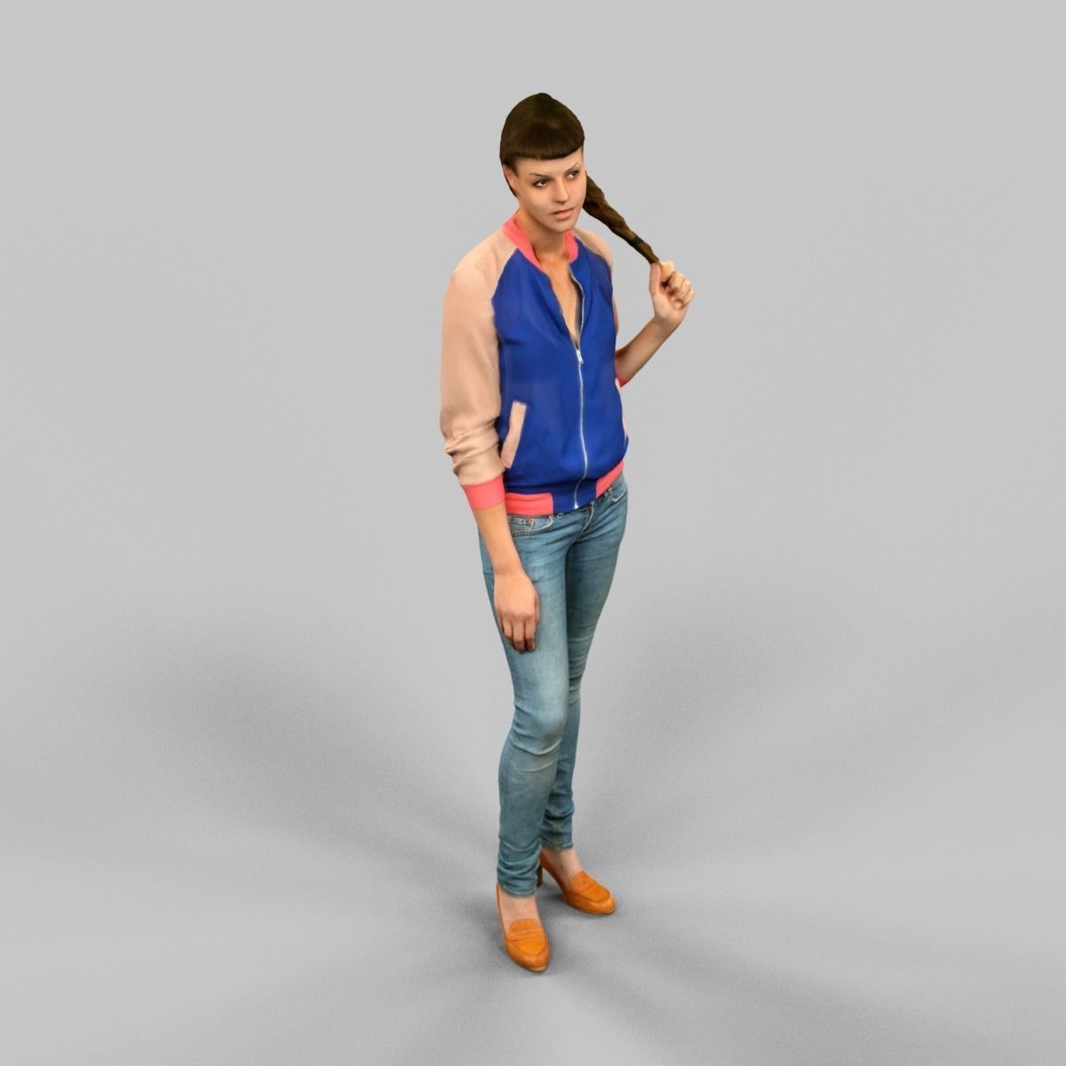 Girl in blue vest and jeans Low-poly 3D model_1