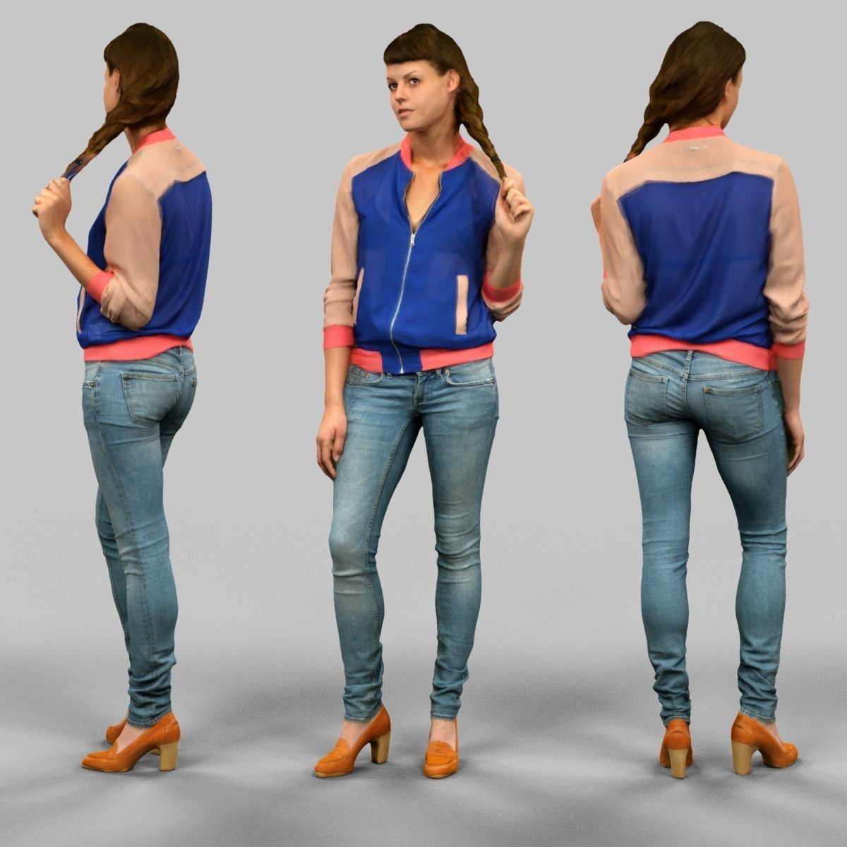 Girl in blue vest and jeans Low-poly 3D model_0