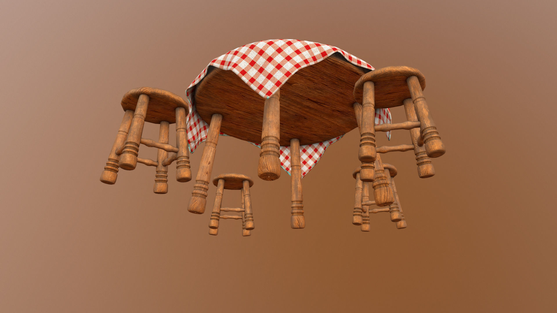 Table And Stools  Low-poly 3D model_2