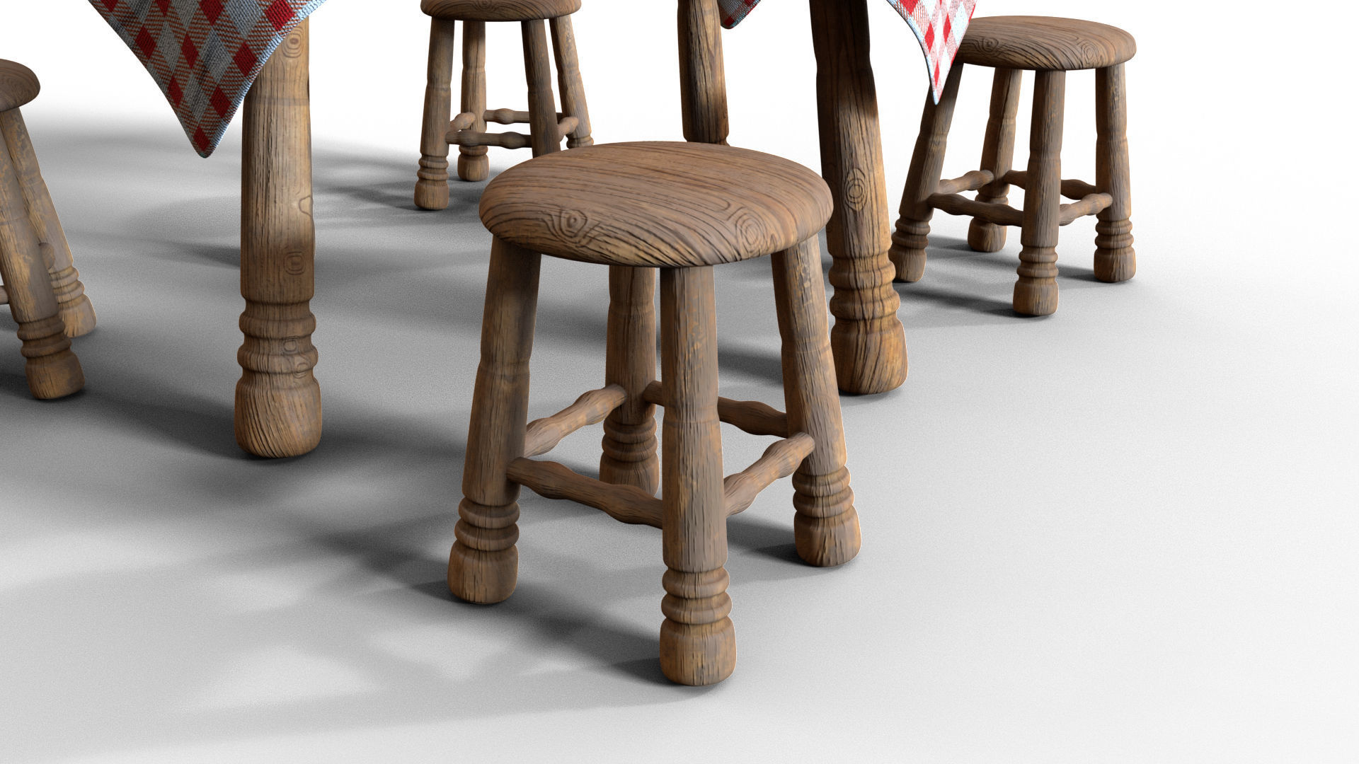 Table And Stools  Low-poly 3D model_8