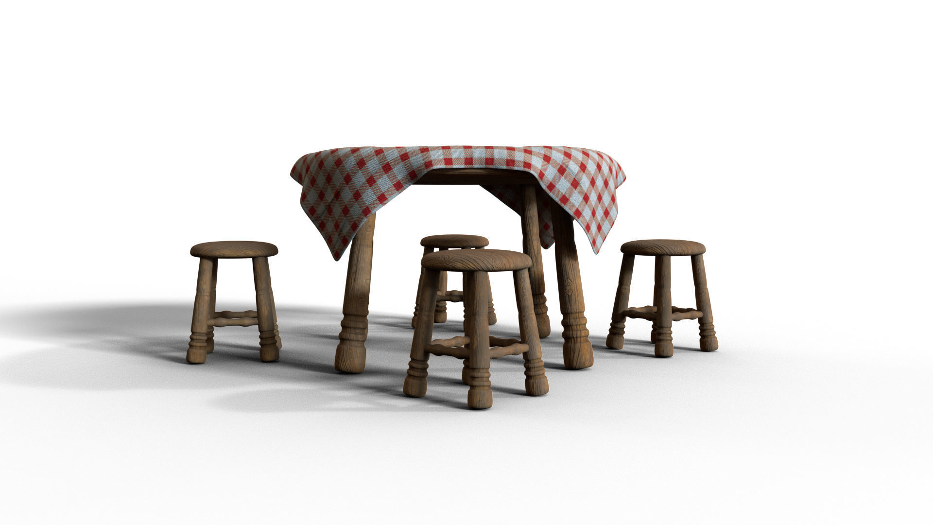 Table And Stools  Low-poly 3D model_9