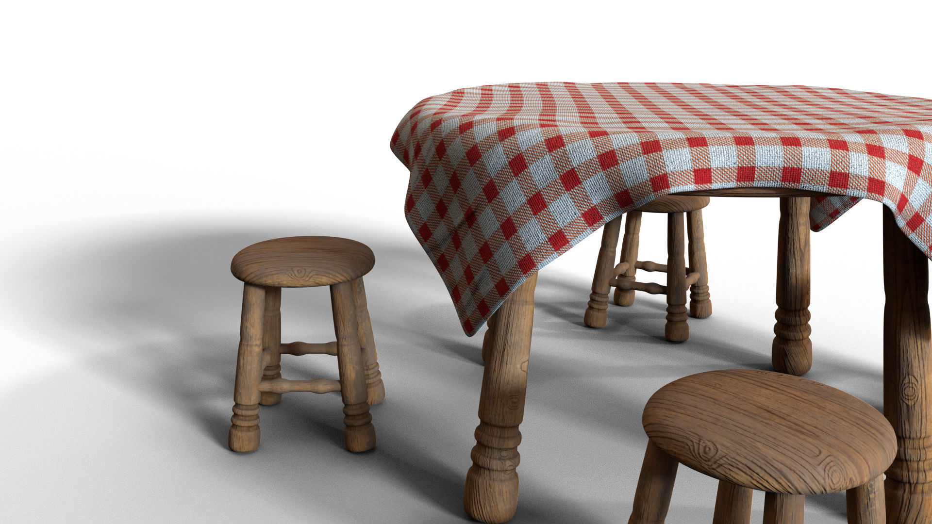 Table And Stools  Low-poly 3D model_7