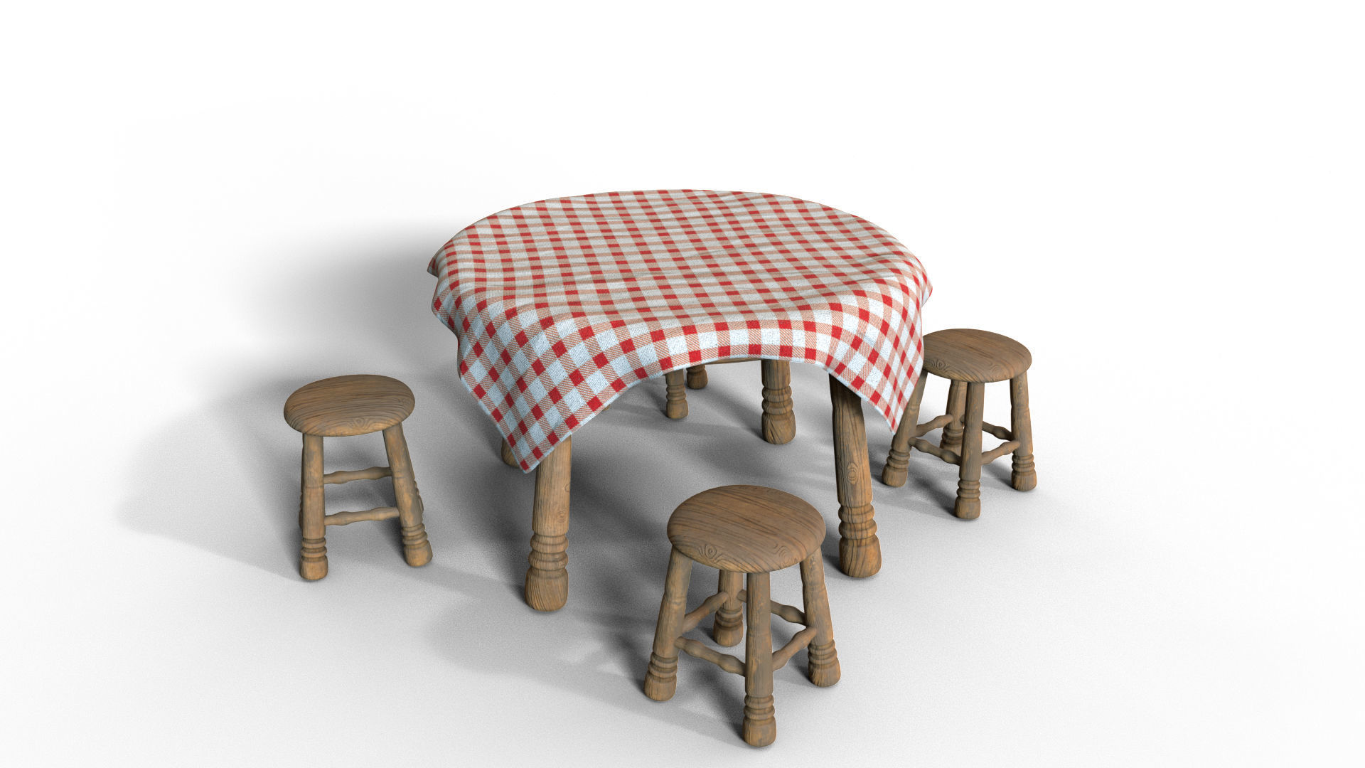Table And Stools  Low-poly 3D model_3