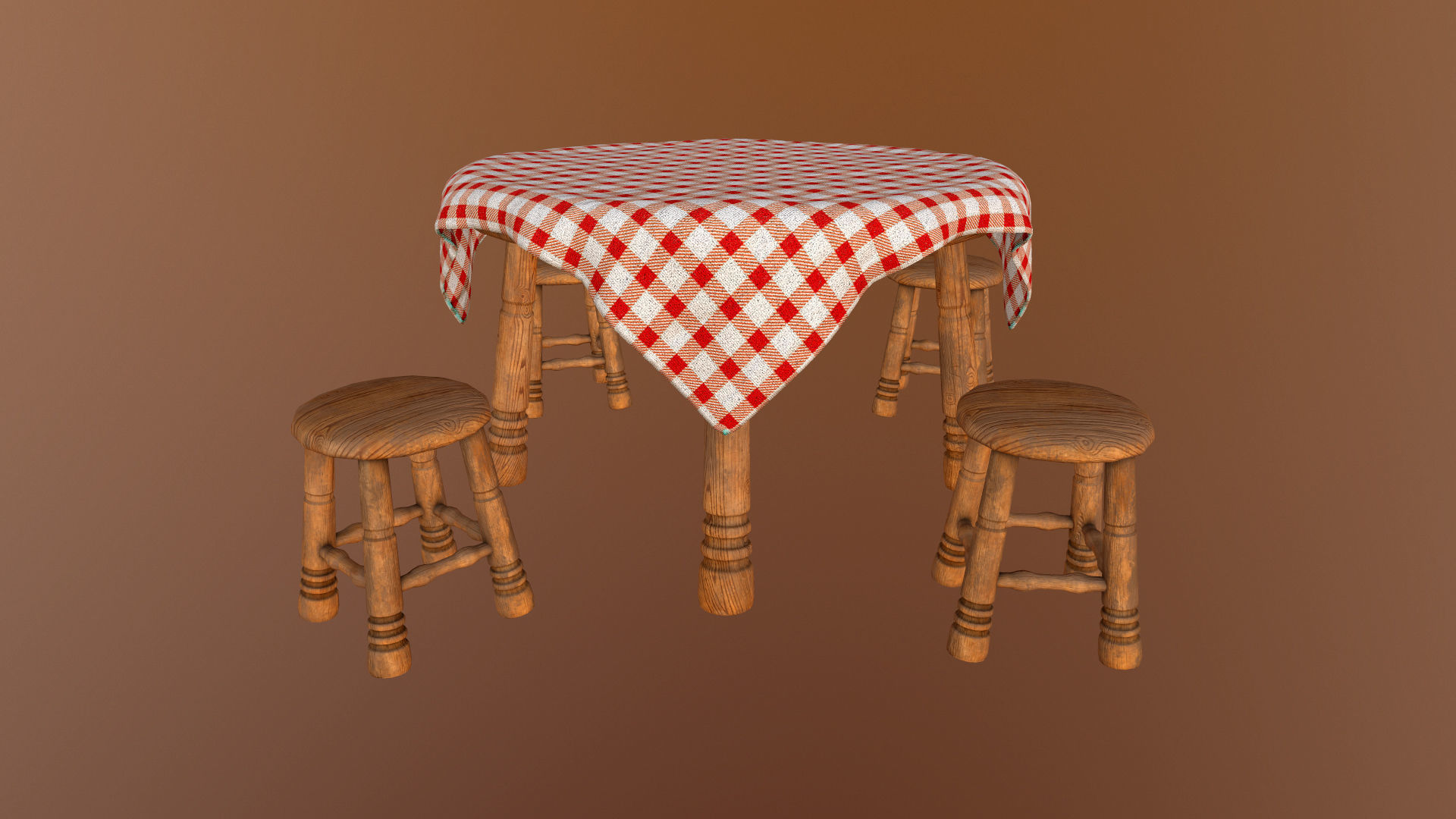 Table And Stools  Low-poly 3D model_4