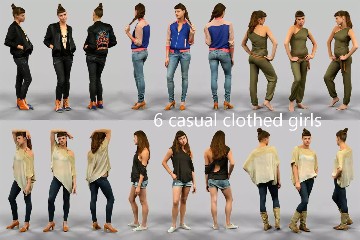 6 casual clothed girls Low-poly 3D model_0
