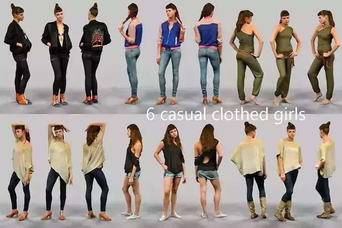 6 casual clothed girls Low-poly 3D model