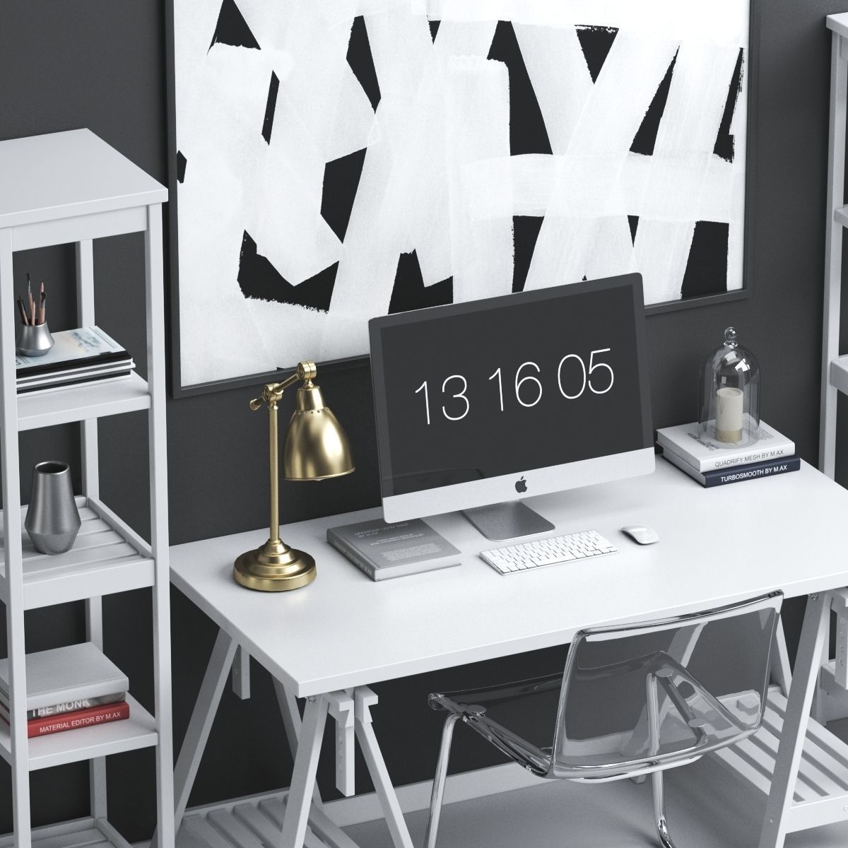 Workplace set desk with bookshelves and shelves 3D model_4