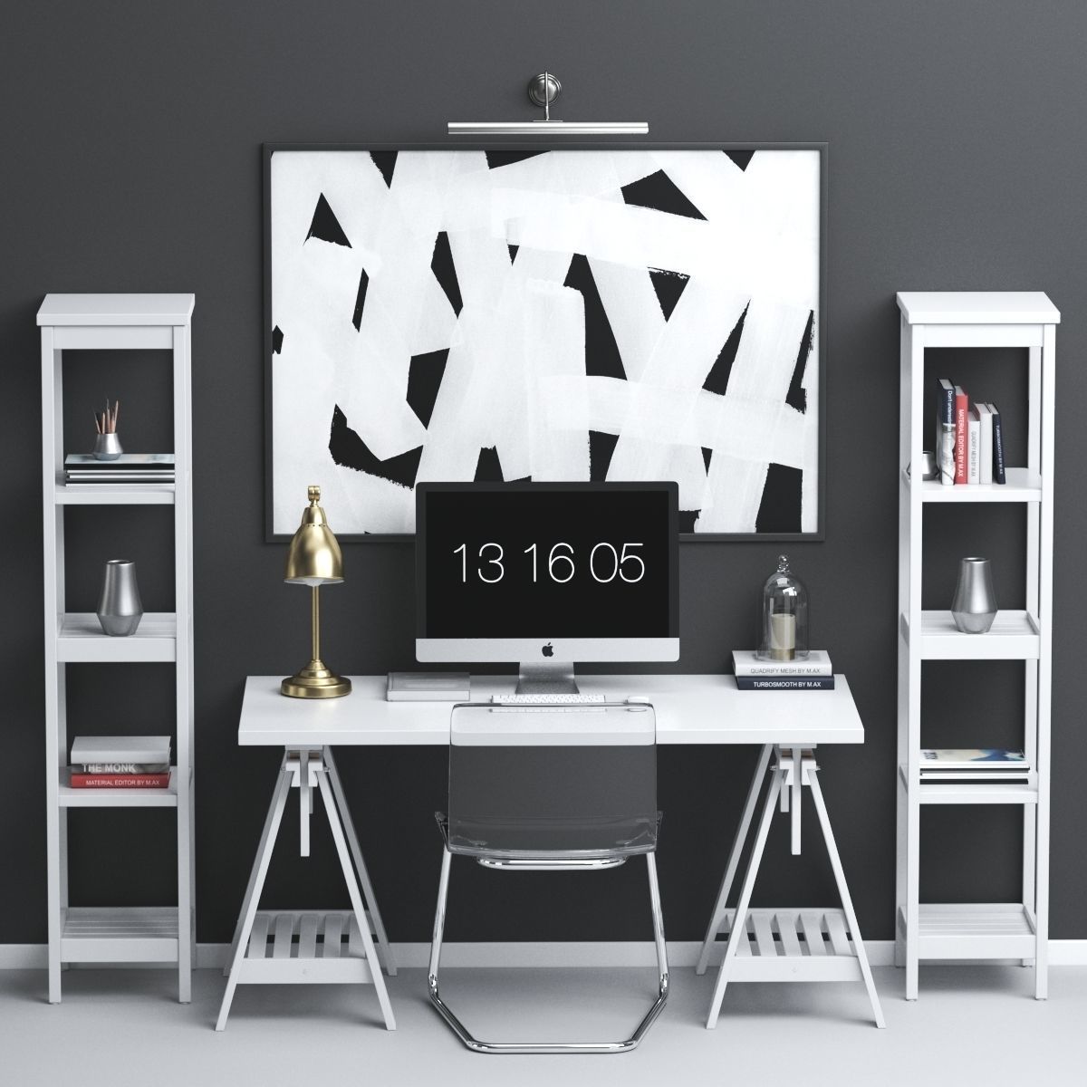 Workplace set desk with bookshelves and shelves 3D model_3