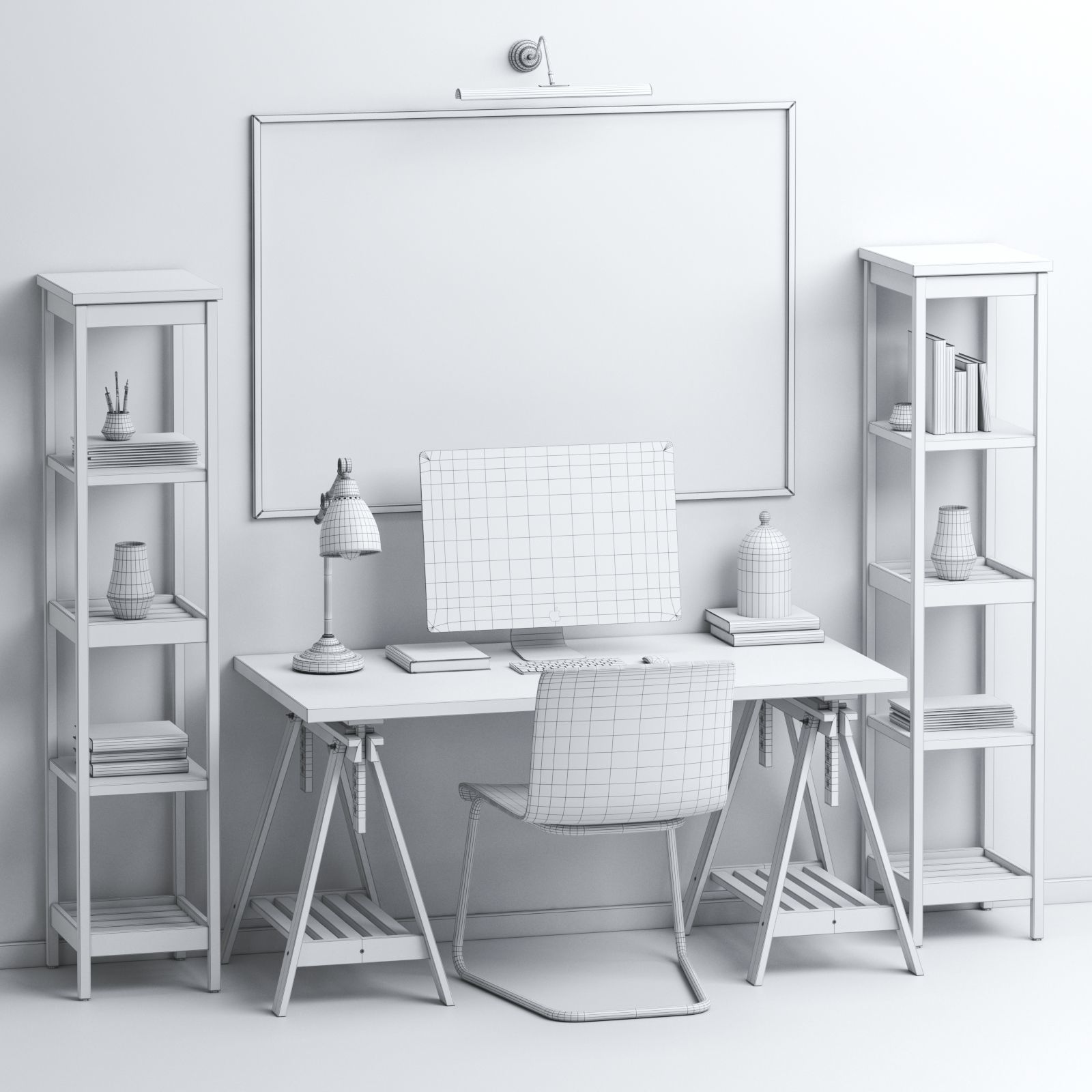 Workplace set desk with bookshelves and shelves 3D model_2