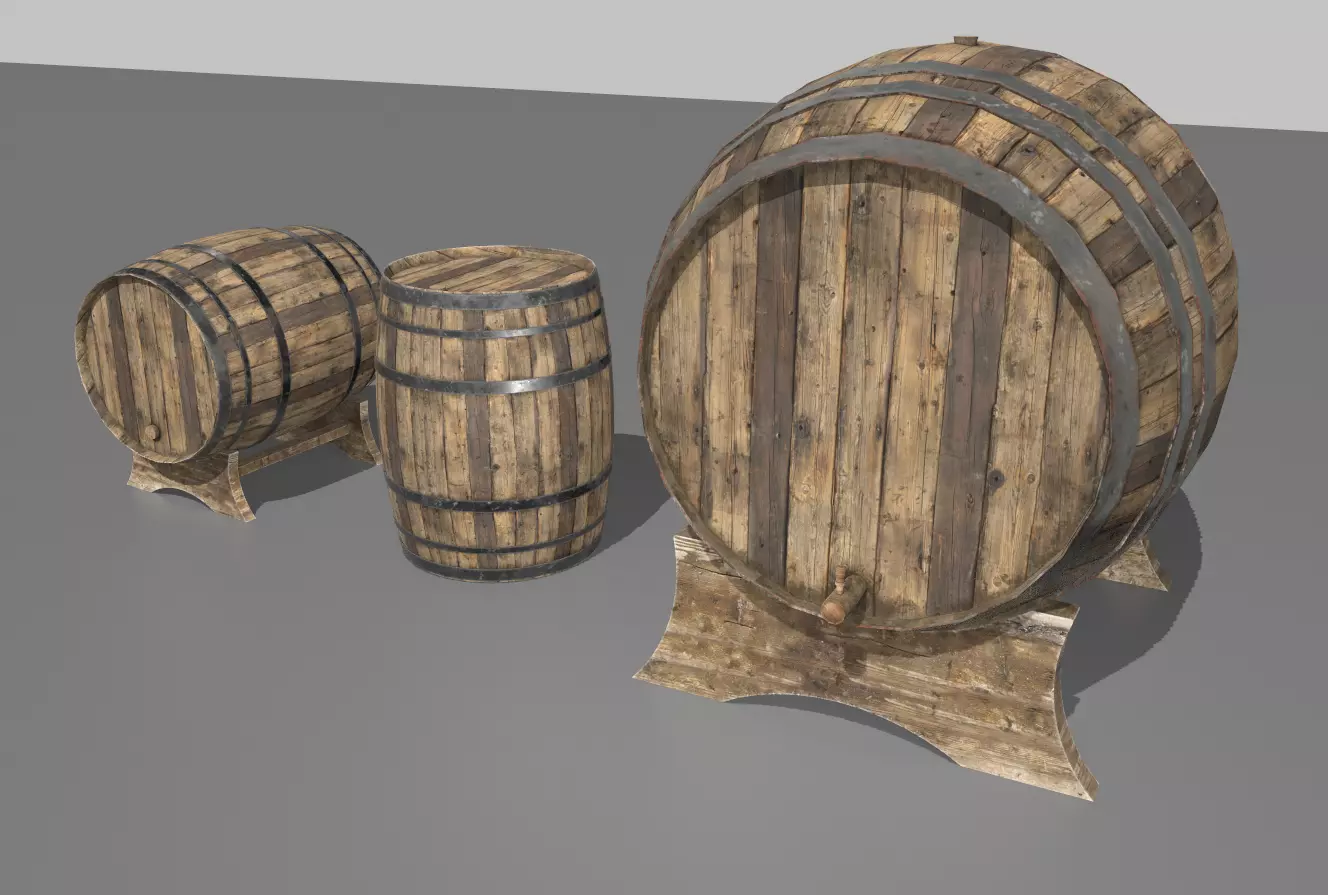 Old Wooden Barrels 3 Low-poly 3D model_0