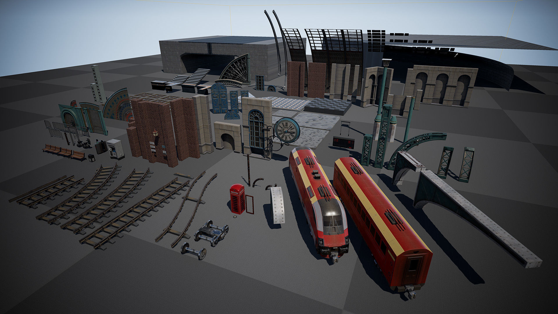 Victorian Train Station and Railroad Modular Set Low-poly 3D model_6