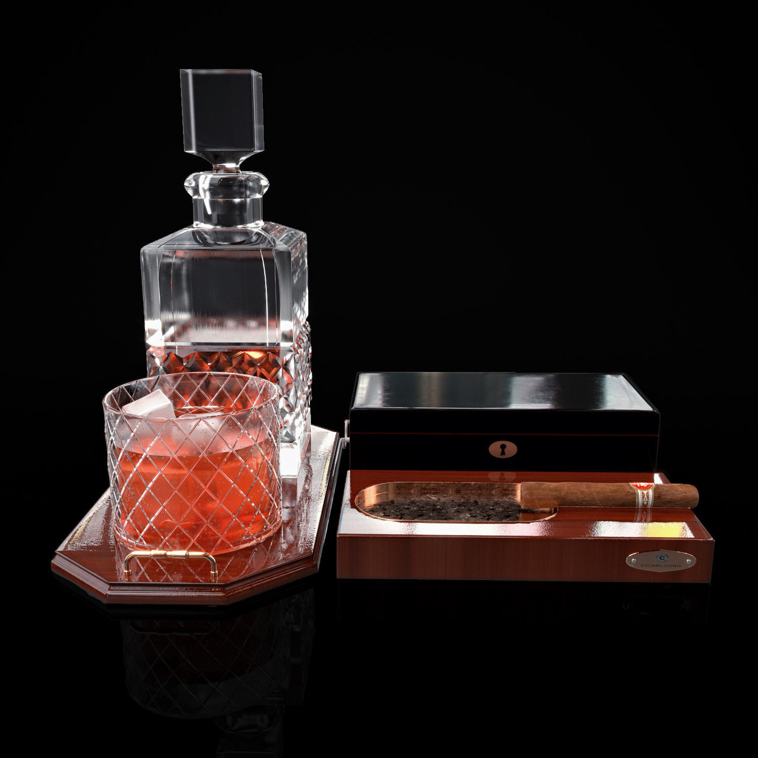 whiskey set with cigar 3D model_1