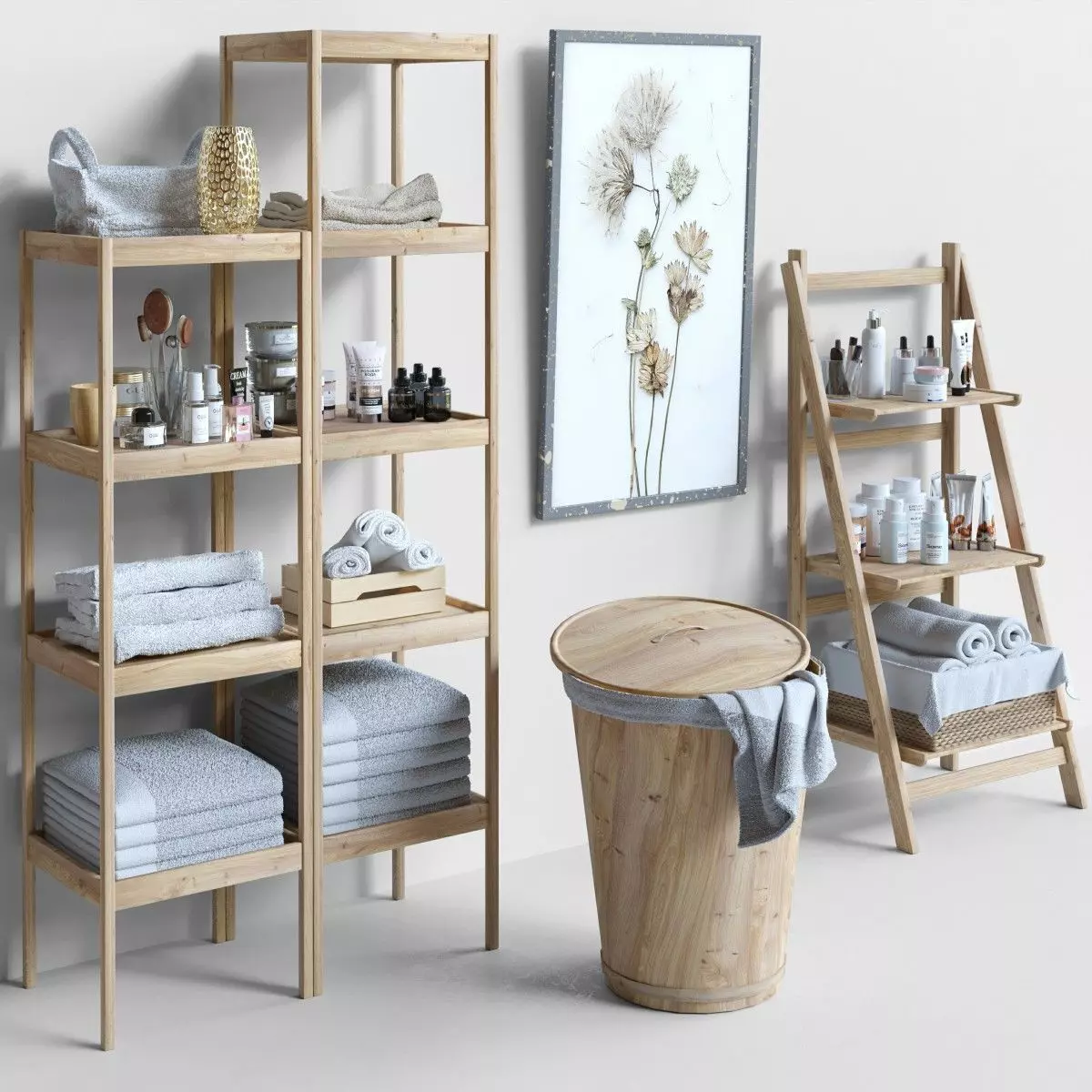 bathroom set 3 wooden shelf with towels 3D model