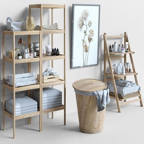 bathroom set 3 wooden shelf with towels 3D model