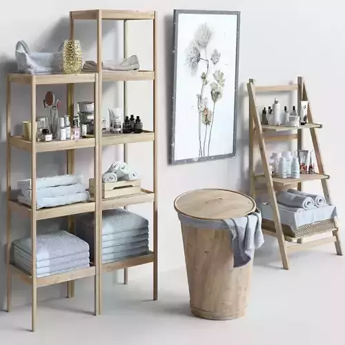 bathroom set 3 wooden shelf with towels 3D model