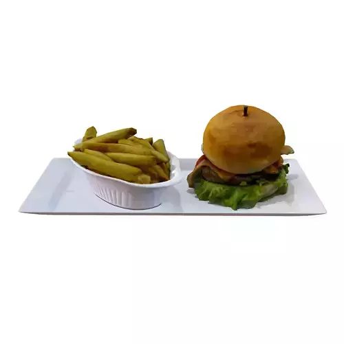 Burger with fries on plate Low-poly 3D model