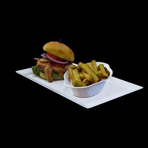 Burger with fries on plate Low-poly 3D model 2
