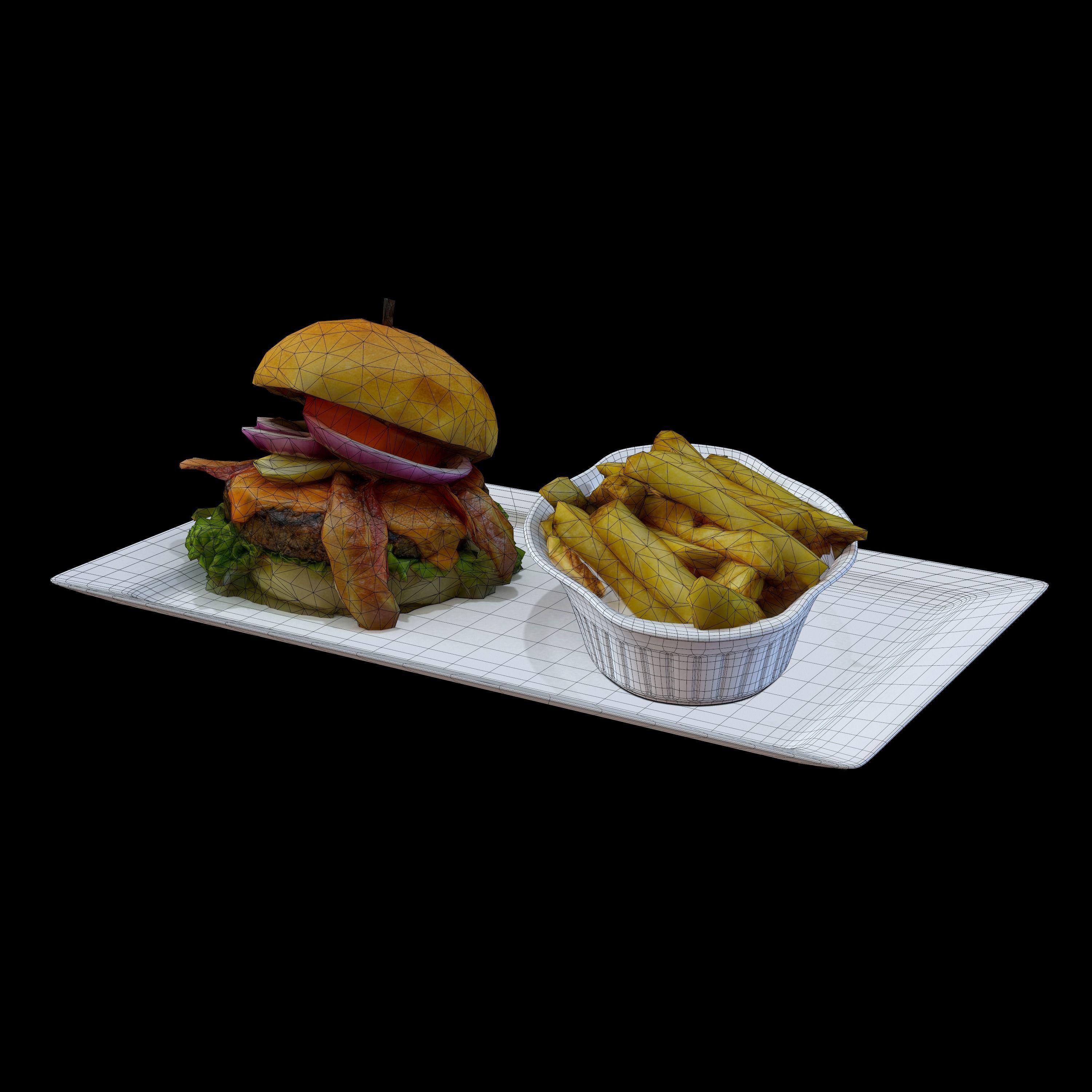 Burger with fries on plate Low-poly 3D model_8