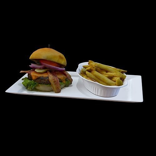 Burger with fries on plate Low-poly 3D model 3
