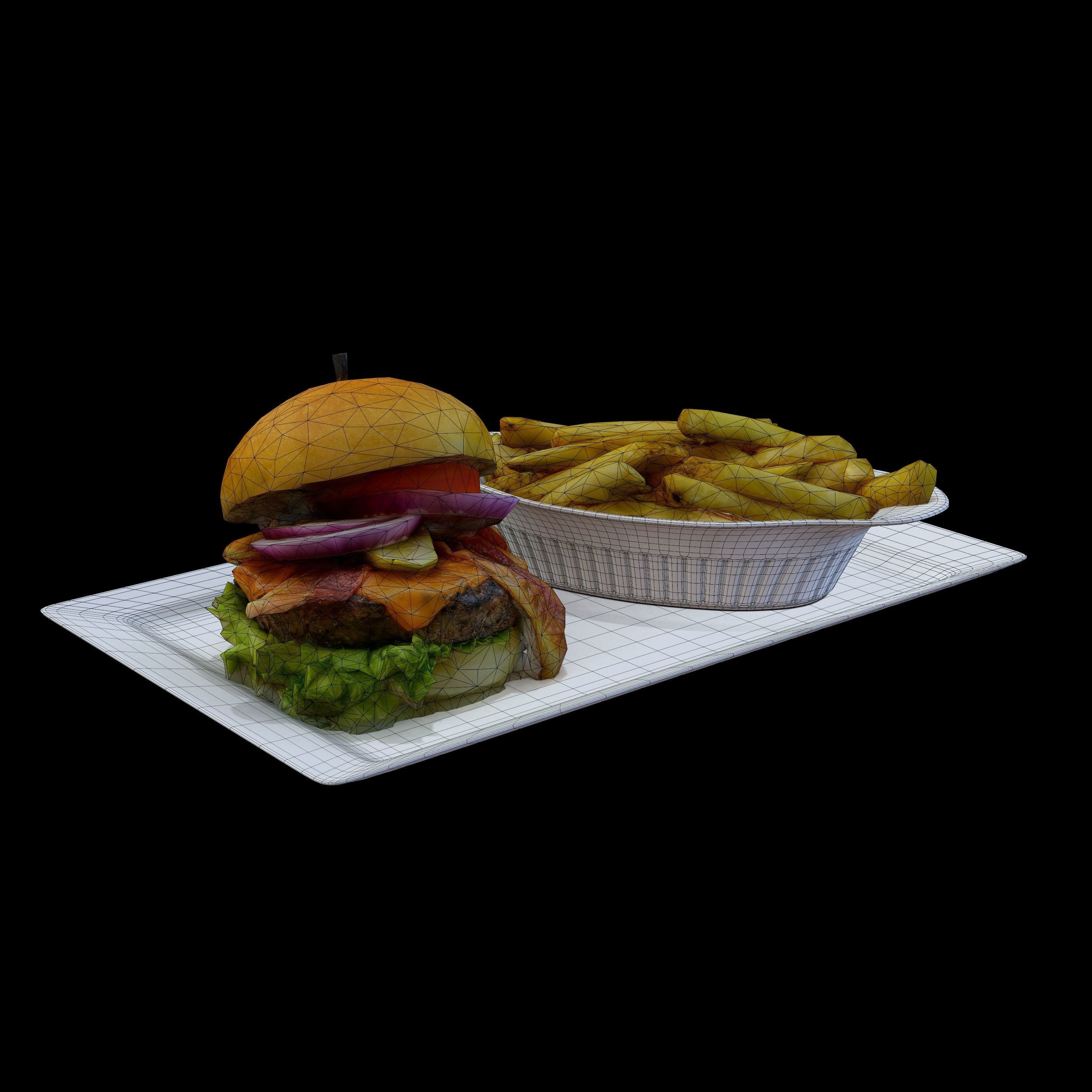 Burger with fries on plate Low-poly 3D model_9