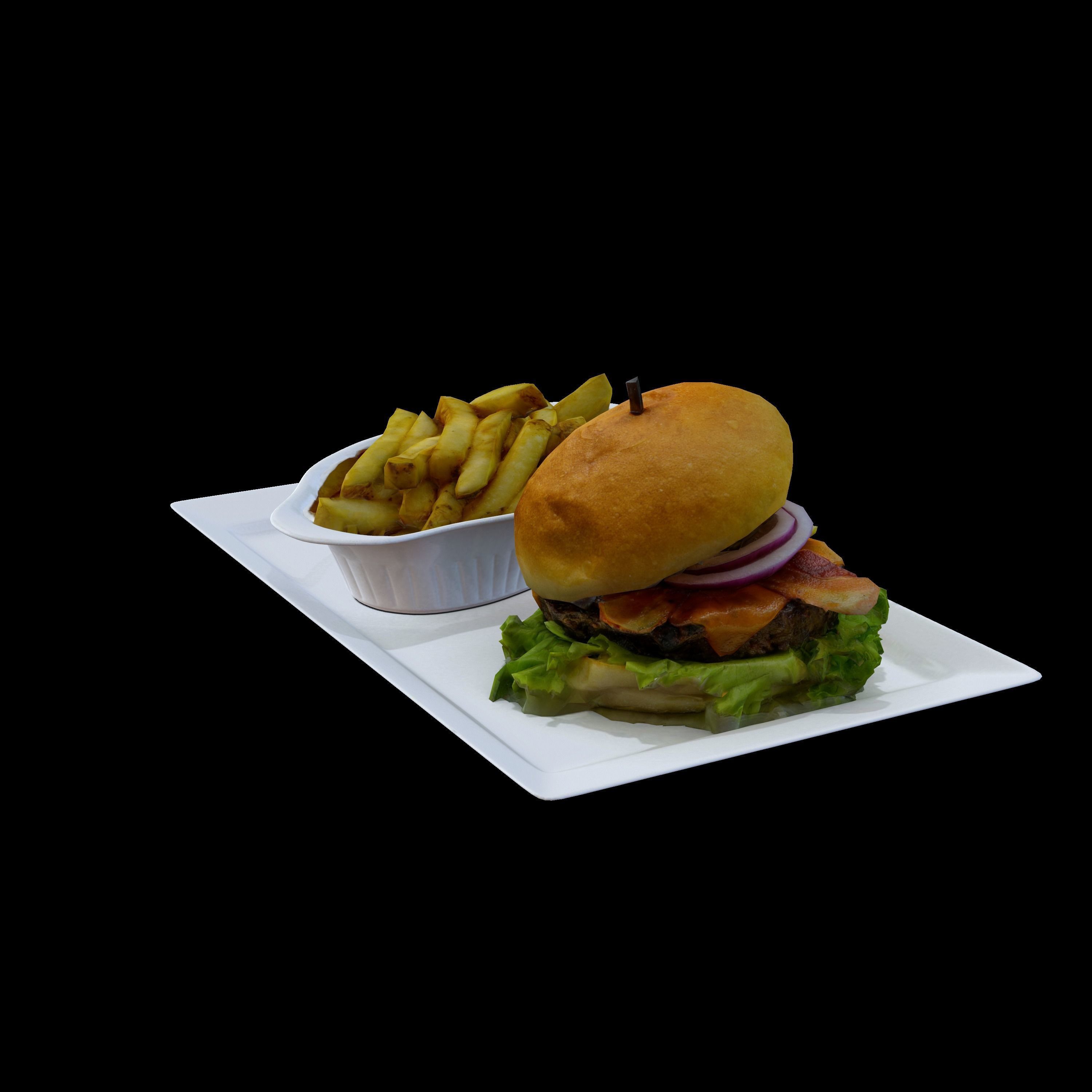 Burger with fries on plate Low-poly 3D model_5