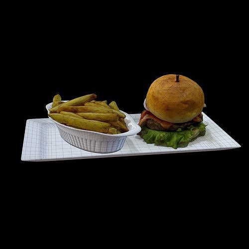 Burger with fries on plate Low-poly 3D model 6
