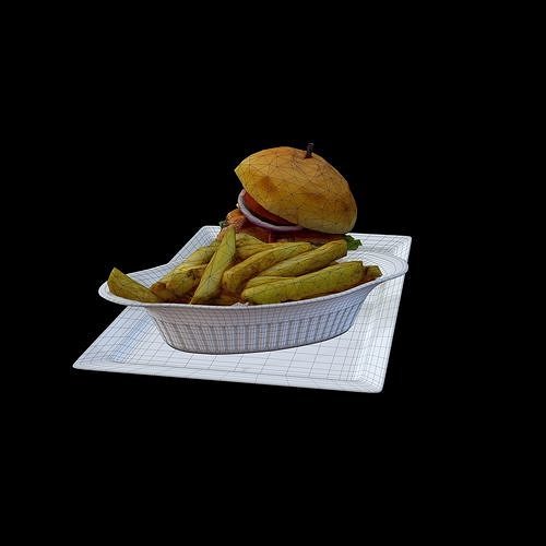 Burger with fries on plate Low-poly 3D model 7