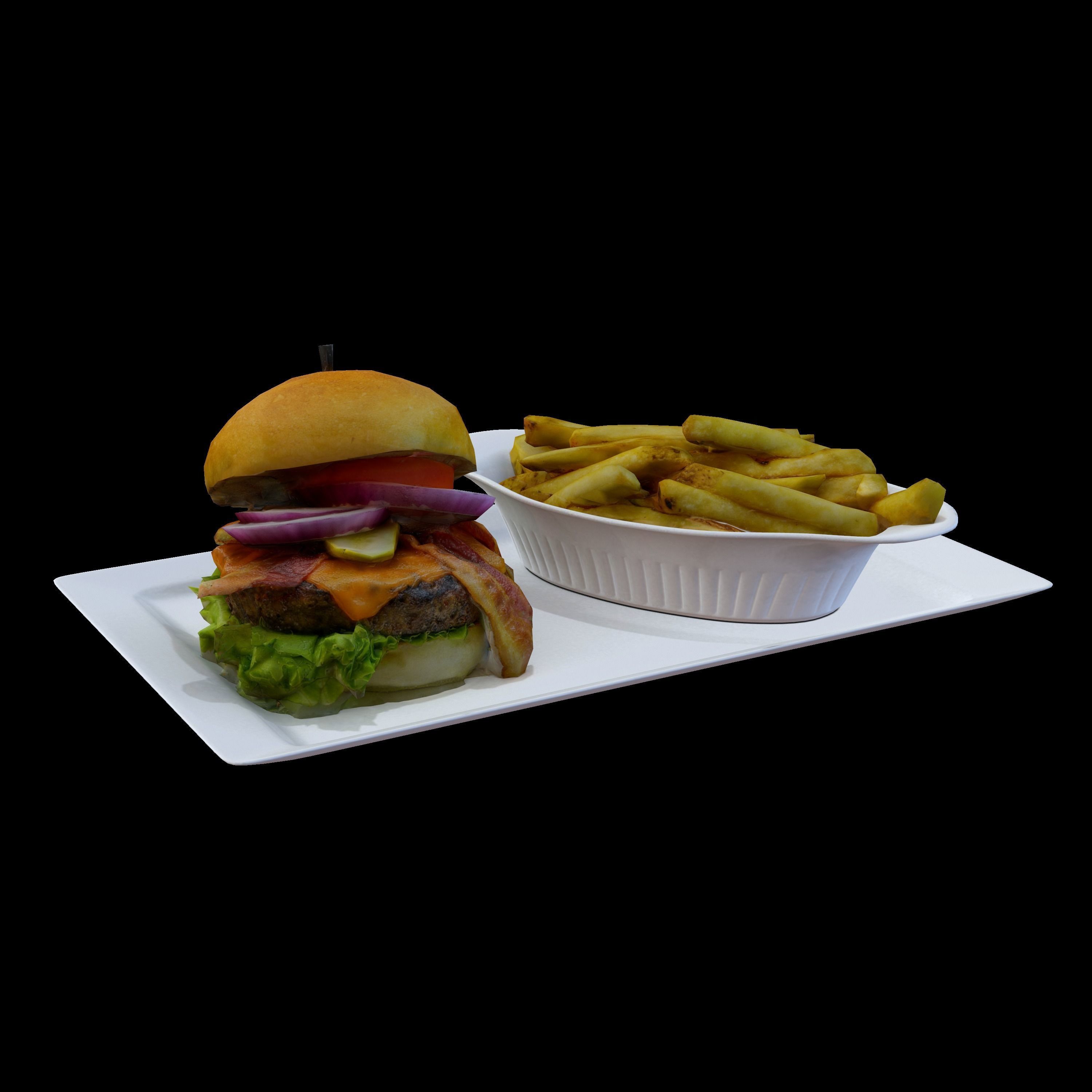Burger with fries on plate Low-poly 3D model_4