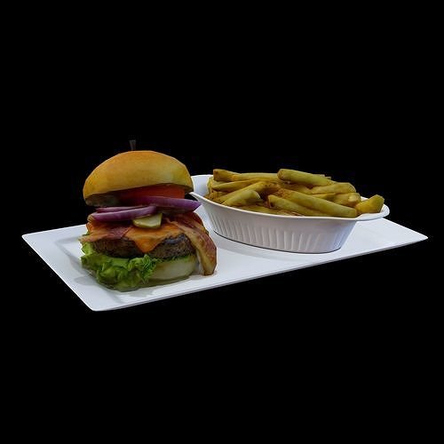 Burger with fries on plate Low-poly 3D model 4
